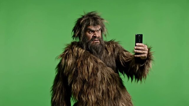 Angry Neanderthal Using Modern Smartphone on Green Screen