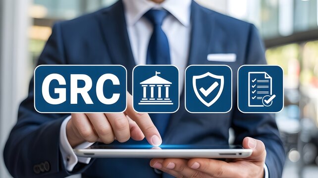 GRC, Governance Risk and Compliance concept. Business Integrity. Businessman touching GRC icon on digital screen.