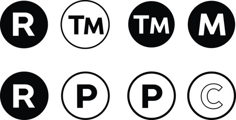 Set of intellectual property symbols, registered R, trademark TM, copyright C, patent P marks, branding badges, legal labels, packaging icons, vector illustration