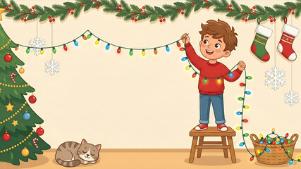 Fototapeta premium Cute cartoon boy standing on a stool hanging Christmas lights with sleeping cat, decorated tree, and central copy space.