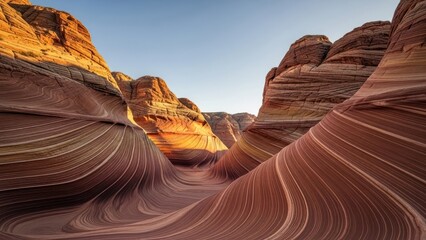 Swirling sandstone formations under a clear sky glow with warm, late-day light