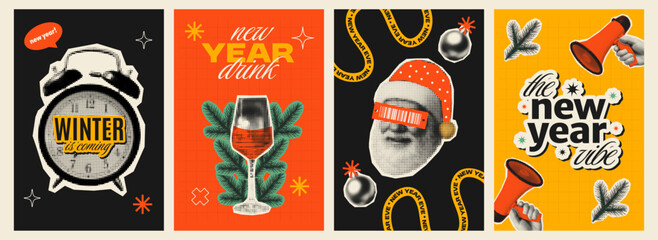 Set of 4 retro halftone New Year posters featuring Santa, wine, bold typography, megaphones, and festive elements. Playful collage design with a modern vintage twist.