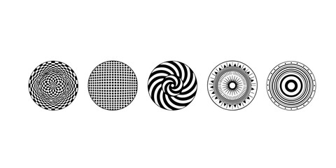 Four distinct abstract geometric circular patterns in black and white silhouette isolated on transparent background