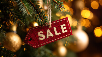 A vibrant red sale tag is prominently displayed on a Christmas tree, surrounded by shimmering golden ornaments and soft glowing lights, evoking holiday cheer and excitement