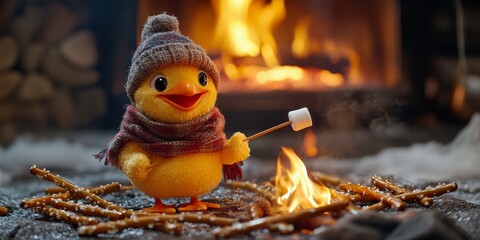 Cute toy chick roasting marshmallows by cozy fireplace during winter