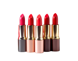 Row of five open, assorted red-toned lipsticks