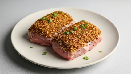 Two thick-cut pork chops coated with mustard seeds on a pale dish