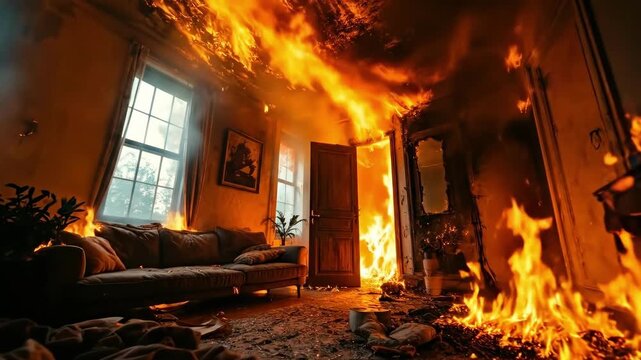 Intense indoor fire engulfing living room with flames and smoke threatening furniture