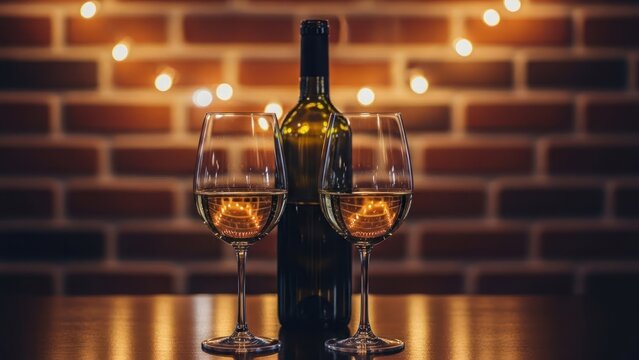 Wine bottle between two glasses of white wine, blurred brick and lights backdrop
