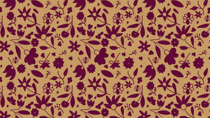 Seamless floral pattern with burgundy flower and leaf silhouettes on a tan background ideal for textiles, wrapping paper, wallpaper and decorative design projects.