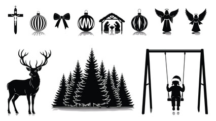 Black and White Christmas Silhouette Vector Set with Ornaments, Nativity, Swing, Reindeer, and Pine Trees for Winter Holiday Designs.