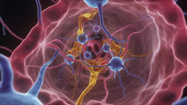 Microscopic view of neurons and neural pathways in the brain, with a camera push-in effect.
