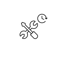 Data synchronisation, timed settings and system renewal. Wrench, screwdriver tools and clock. Pixel perfect, editable stroke vector icon