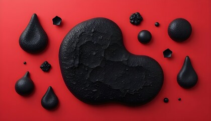 Textured black amorphous abstract shapes forming a dynamic graphic elements collection on vivid red background