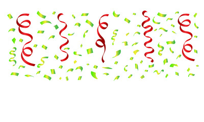 Festive red streamers and green confetti falling down against a white background for celebration