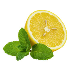Hyper-photorealistic macro shot of a freshly cut, glistening yellow lemon half and vibrant mint leaves with dew drops, isolated on a brilliant reflective white background, high-key studio lighting.