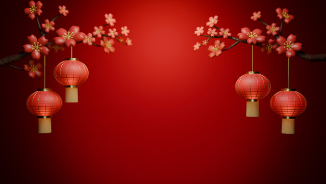 3D red festive background with hanging lanterns and blooming cherry blossom branches on both sides., blank space for design. Tet or Chinese New Year celebrations.
