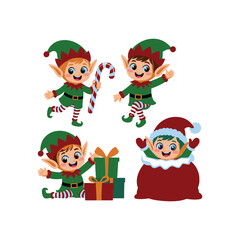 Cute Christmas Elves with Gifts and Candy Cane Cartoon Illustration