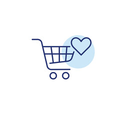 Shopping cart and heart. Add goods to favorite, next door store. Pixel perfect, editable stroke vector icon