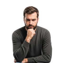 Thoughtful bearded man pondering deeply with chin resting on hand