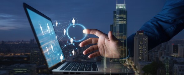 Digital Connection in the Skyline: A hand interacts with a digital network, overlaid on a cityscape. The image depicts the future of work