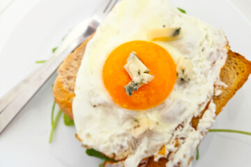 Gourmet Fried Egg on Toast with Blue Cheese and Fresh Greens for Breakfast Inspiration