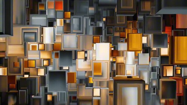 Forward traveling stream of glossy black gray brown amber gold cream and white cubes producing a vibrant abstract background marked by warm layers and deep spatial flow abstract 3d