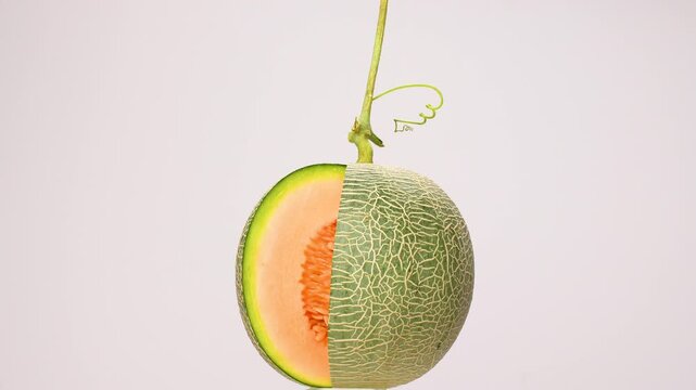 Rotating sliced green netted melon on white background. Fresh orange flesh fruit on wood. Cinematic food concept.