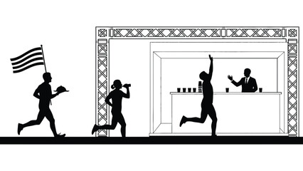 Silhouetted runners at an event with booth and american flag carrier