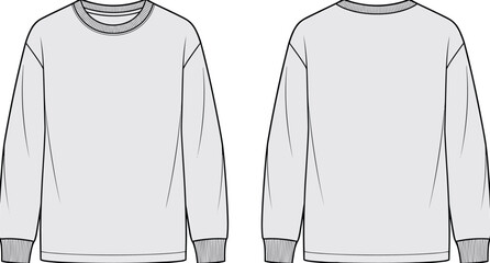 Unisex basic crew neck sweatshirt technical fashion flat sketch template, oversized long sleeve pullover with ribbed collar, cuffs, and bottom hem illustration. © Hey there