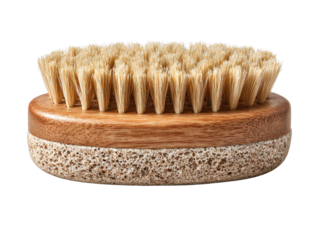 Natural cleaning scrub brush with wooden handle and bristles, household washing tool isolated on white background