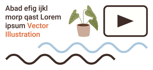 Nature decor, media design, abstract aesthetics, inspiration, minimalism, modern layouts. Features potted plant, play button abstract wave lines and placeholder text. Nature decor and media design