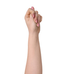 Woman showing fig sign on white background, closeup