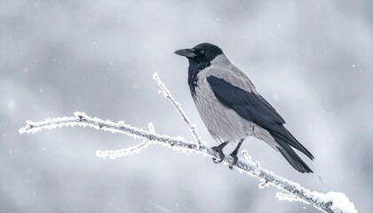 Fototapeta premium Grey crow sitting on frozen tree branch in falling snow, cold winter.