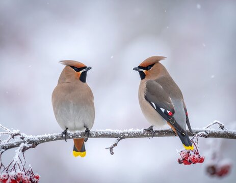 Two colorful waxwing birds sitting on frozen rowan tree branch in falling snow, cold winter. 