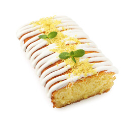 Tasty lemon cake decorated with icing, zest and mint isolated on white
