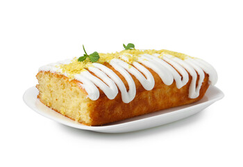 Tasty lemon cake decorated with icing, zest and mint isolated on white