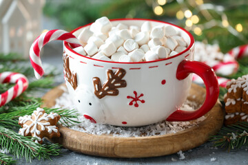 Tasty cocoa with marshmallows, candy canes, gingerbread cookies and Christmas decor on grey wooden table, closeup