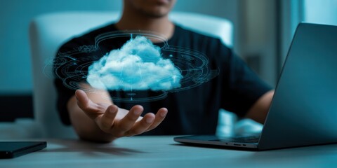 Cloud Computing Visionary: A visionary individual in a darkened environment. Using the digital age to envision the future of data storage and access through cloud computing. 