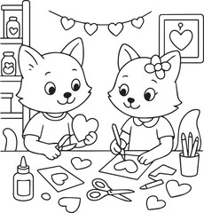 Cute hand-drawn doodle vector coloring page of two kittens, a boy and a girl, crafting Valentine cards at a table with art tools and materials. Perfect for kids, holiday designs, love themes and DIY a