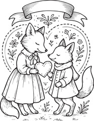 Vintage-style hand-drawn doodle vector coloring page of a big fox girl giving a Valentine card to a smaller fox on a heart background. Perfect for retro designs, cute animals, Valentine&rsquo;s Day and kids