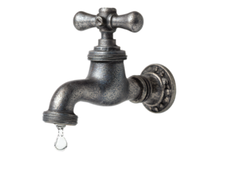 SEO Title (under 200 chars):
Dripping metal water faucet tap with leak and droplet, plumbing fixture spigot valve isolated on white background