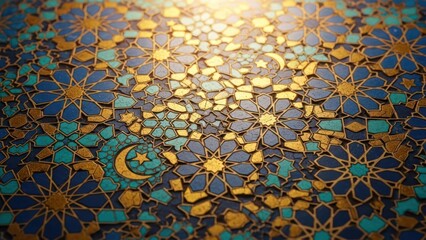 Geometric pattern design featuring floral and star shapes in gold and blue