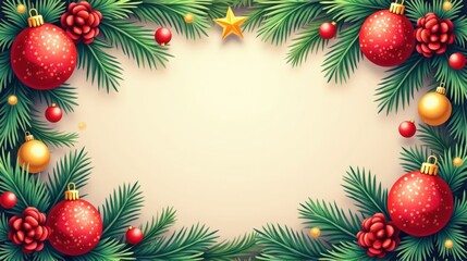 A festive holiday frame featuring evergreen branches, red and gold ornaments, and a decorative star, perfect for seasonal greeting cards.