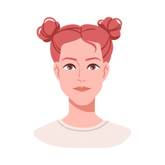 Female avatar, head portrait. Cute young woman with two hair buns, pretty haido, hairstyle. Beautiful attractive groomed girl, user profile. Flat vector illustration isolated on white background