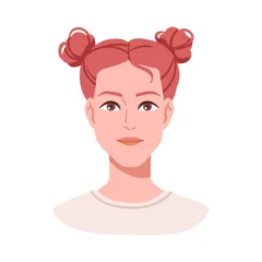 Fotobehang Ridders Female avatar, head portrait. Cute young woman with two hair buns, pretty haido, hairstyle. Beautiful attractive groomed girl, user profile. Flat vector illustration isolated on white background  © Good Studio