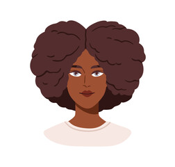 Black woman face avatar. African-American girl with afro fuzzy fluffy hair curls, hairstyle. Female head portrait. Young person, user profile. Flat vector illustration isolated on white background