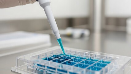 A micropipette dispenses blue reagent into a clear multiwell plate in a laboratory