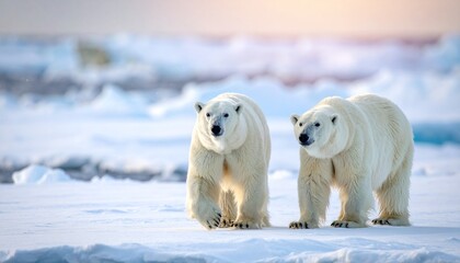 Two polar bears in falling snow on frozen winter Antarctica background. 