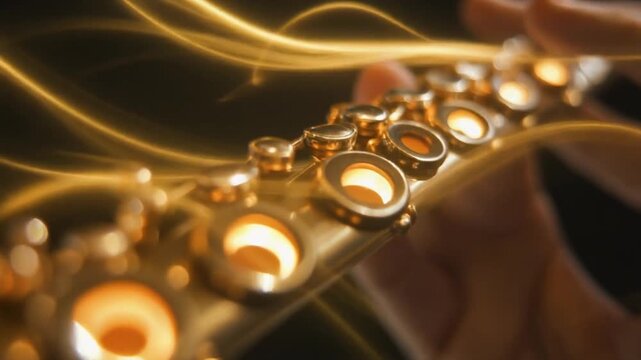 A close-up of a golden flute with glowing light streaks, held by hands.